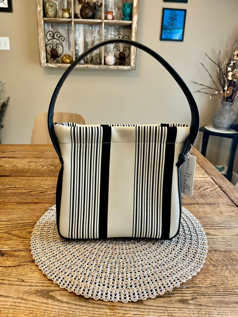 NWT Simply Noelle Black Cream Striped Bucket Bag